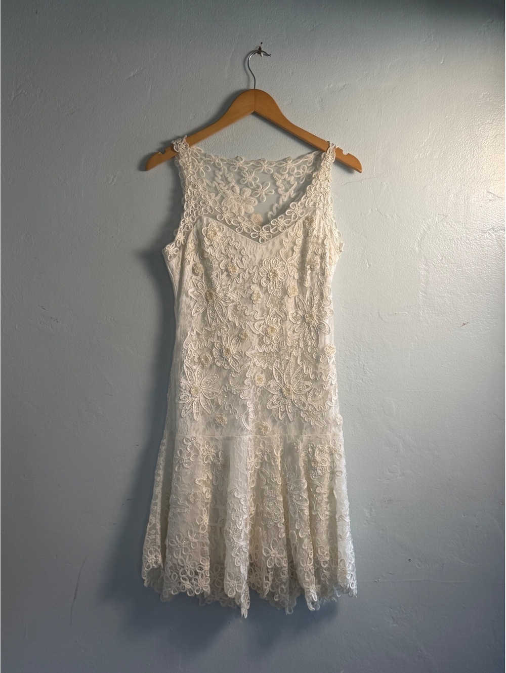 Sue Wong Elegant White Lace Floral Dress with Sheer Details